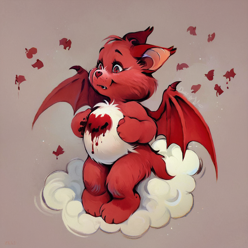 score_9, score_8_up, CrBr, bat, wings, blood drop belly symbol, red fur, vintage art, highly detailed, zPDXL, <lora:CareBearPD:1>