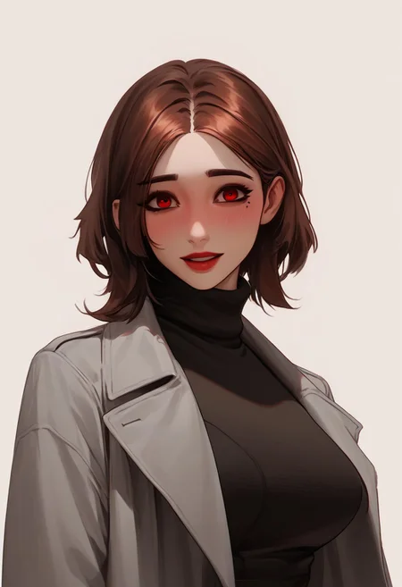 score_9, score_8_up, score_7_up, score_6_up, score_5_up, score_4_up, portrait, upper body, smiling with open mouth, short hair, heavy makeup, long eyelashes, blushing, turtleneck, sweater, red lips, simple background, solo, long sleeves, red eyes, black dress, mole under eye, white background, skindentation, 1girl, looking at viewer, grey coat, blush, brown hair, trench coat, open coat, large breasts