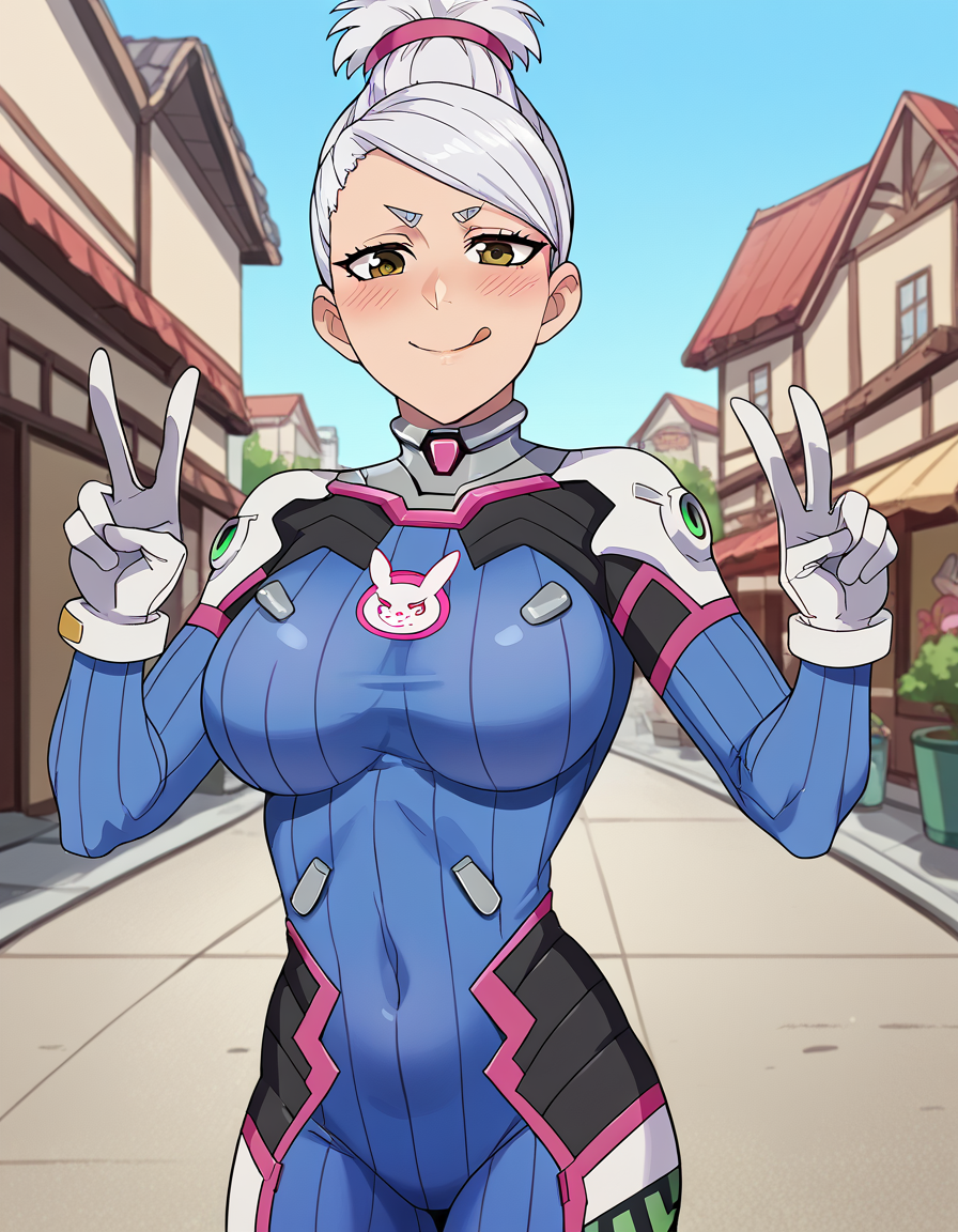 score_9, score_8_up, score_7_up, source_anime, <lora:saeko-ayase-s1-ponyxl-lora-nochekaiser:1>, saeko ayase, long hair, large breasts, white hair, brown eyes, anime screencap,, <lora:overwatch-dva-cosplay-ponyxl-lora-nochekaiser:1>, overwatch dva cosplay, d.va (overwatch) (cosplay), bodysuit, cosplay, covered navel, skin tight, vertical-striped bodysuit, streets, smile, blush, v, v over eye, tongue out, cowboy shot, looking at viewer, , dutch angle, cowboy shot