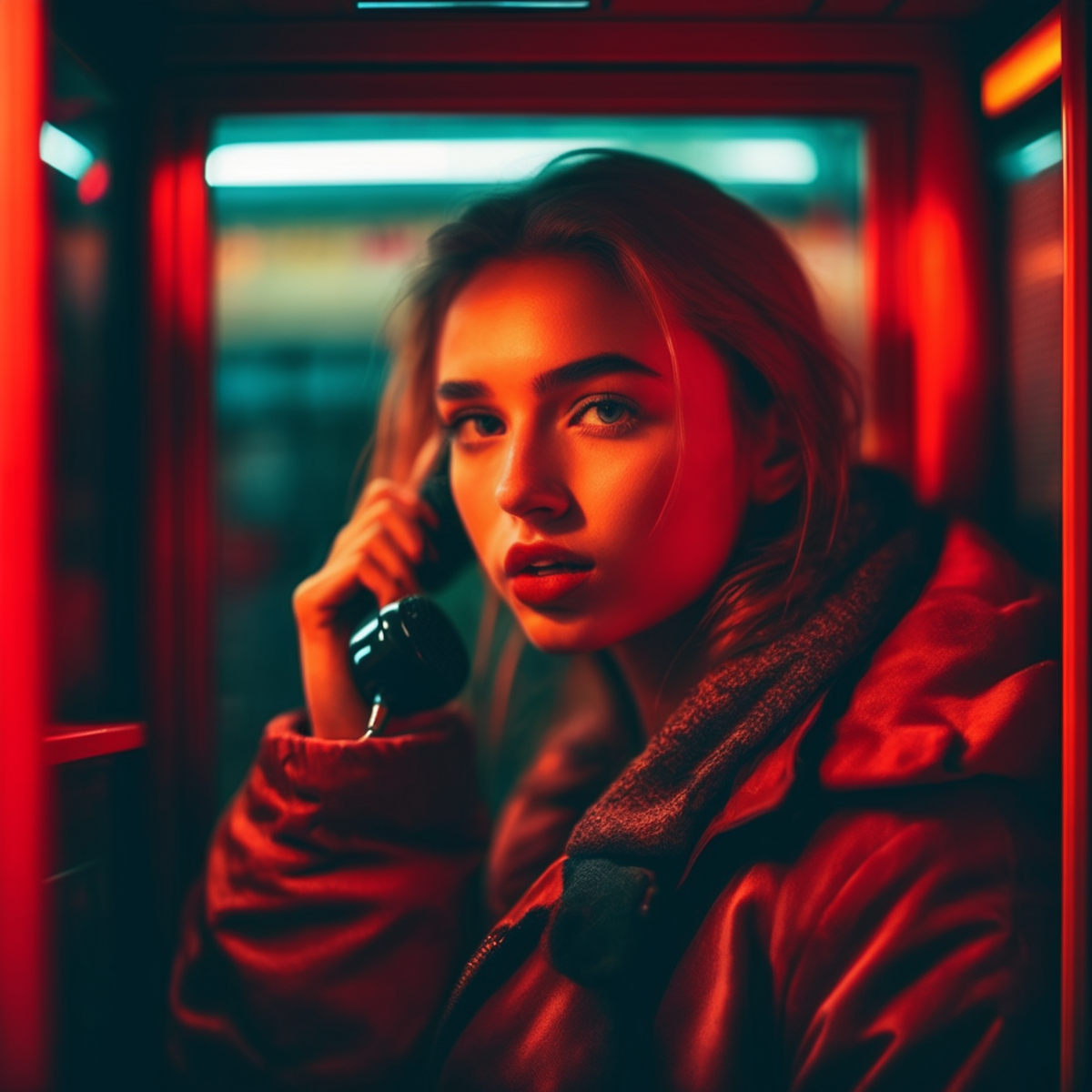 velumia close-up of a girl talking in a telephone booth, cinematic, professional photo, very detailed red light <lora:velumia:1>
