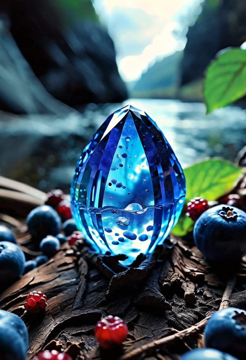 (8k analog nature photography:1.2), (a beautiful landscape:1.1) Extreme realism,  Insanely realistic, with a river in the distance, shiny sapphire (crystal:1.2) berries ,<lora:Bio-Luminescence:1> bioluminescent, glowing, focus on the fruit.  bioluminescent, glowing, detailed , detailed style, perfect
