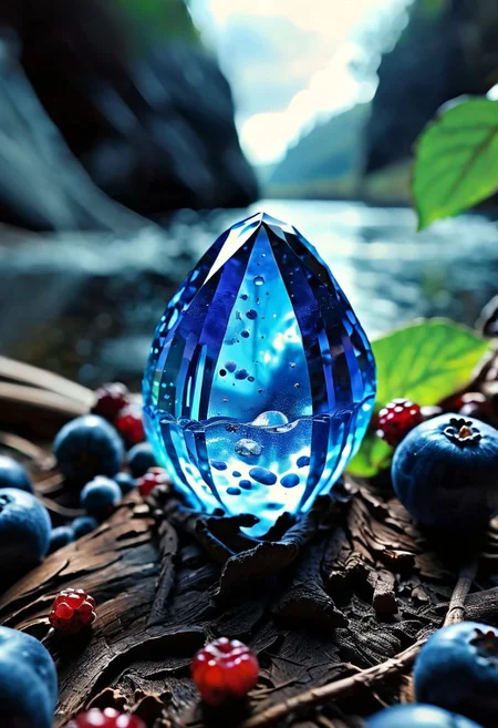 (8k analog nature photography:1.2), (a beautiful landscape:1.1) Extreme realism,  Insanely realistic, with a river in the distance, shiny sapphire (crystal:1.2) berries ,<lora:Bio-Luminescence:1> bioluminescent, glowing, focus on the fruit.  bioluminescent, glowing, detailed , detailed style, perfect