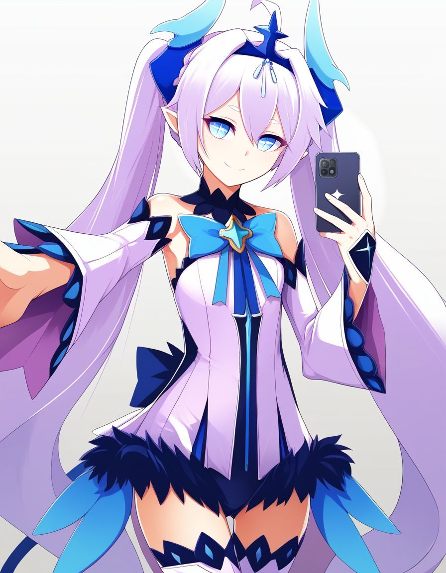 score_9,score_8_up,score_7_up, BREAK  (by ncc) ,  1girl, solo,   <lora:Luciela-Elsword_Character:1> luciela r. sourcream , Noblesse , petite,  twintails, bow ,   detached sleeves, short dress,  absurdly long hair,  waist wings, white  dress,  fur trim,  thighhighs , leotard,   cowboy shot,  selfie,  smile,