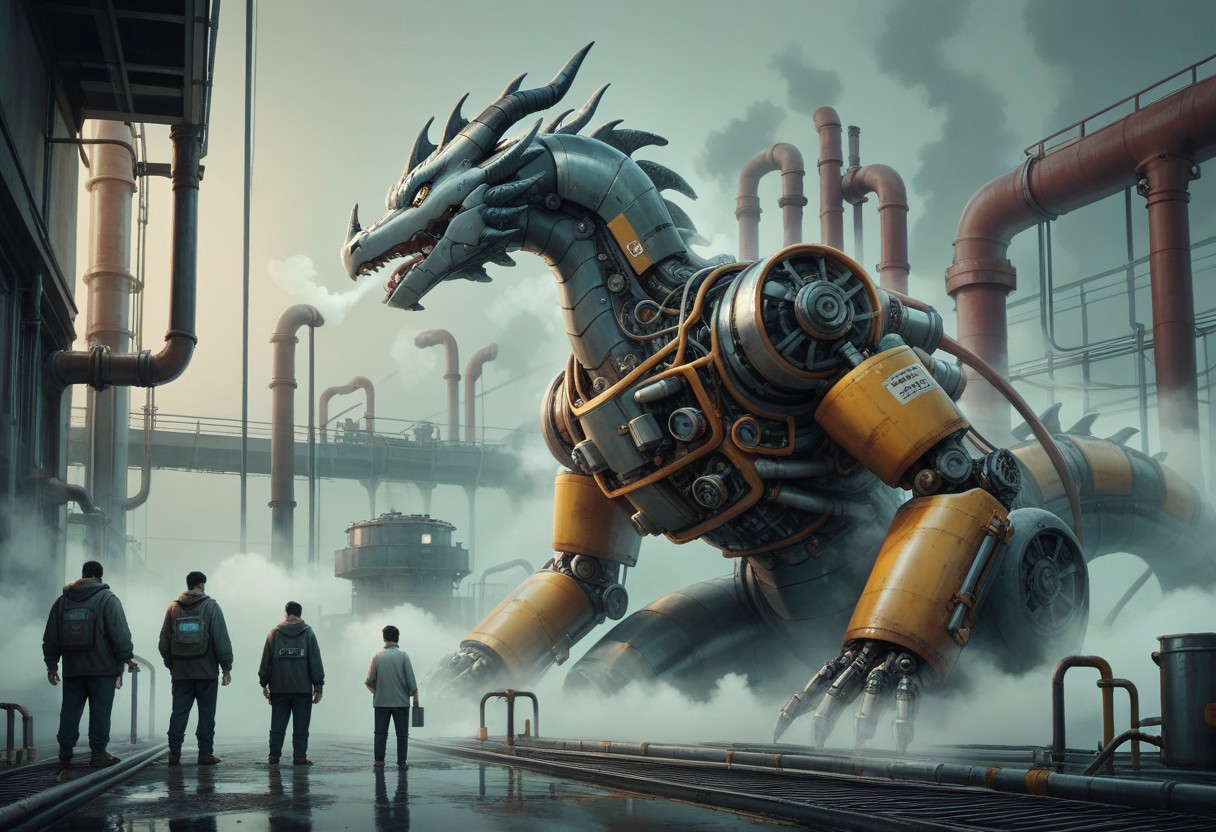 Score_9,Score_8, industrial_world, fog, steam, [robotic] steam-powered [machine] dragon made of pipes and tanks, breathing steam, group of people