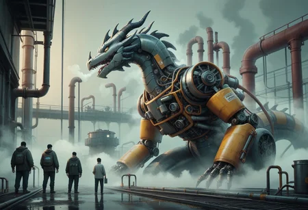 Score_9,Score_8, industrial_world, fog, steam, [robotic] steam-powered [machine] dragon made of pipes and tanks, breathing steam, group of people