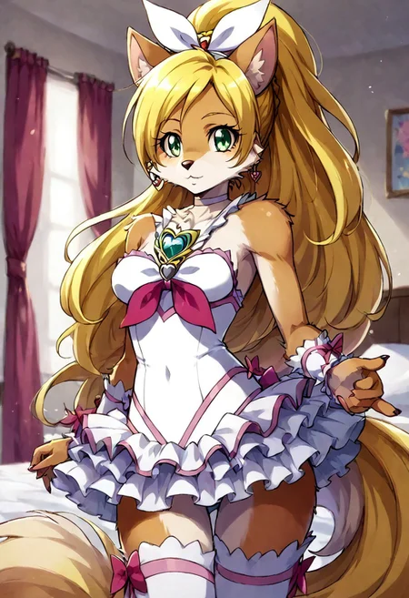 score_9, score_8_up, solo, 1girl, standing, bedroom, bare shoulder, bare arms, breasts, leotard, thigh highs, MegaFluffyPony, furry, fluffy, MegaScalyPony, curerhythm
