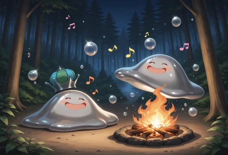 masterpiece,extreme detailed BREAK (2others:1.4),no humans,no_legs,night,forest BREAK hagureking,crown,:D,slime \(creature\),sparkle,bubble,<lora:hagurin-NAI:1>,happy,smile,^ ^,singing,musical note,
masterpiece,extreme detailed BREAK (2others:1.4),no humans,no_legs,night,forest BREAK hagurin,:D,slime \(creature\),sparkle,bubble,<lora:hagurin-NAI:1>,happy,smile,blush,^ ^,singing,musical note,campfire,