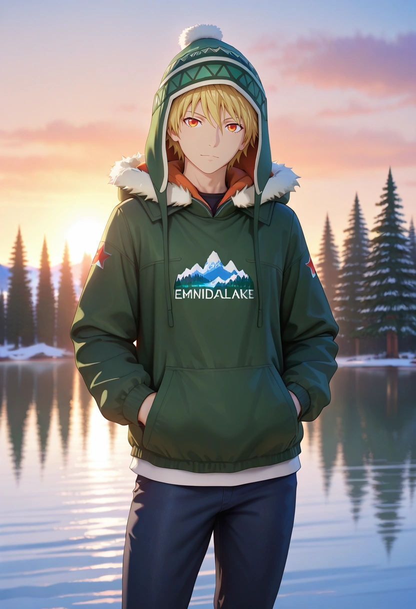masterpiece, best quality, intricate details, (3d:0.4), looking at viewer, 1boy, solo, male focus, <lora:yukine_noragami_ilxl:0.94>, yukine_noragami, blonde hair, red eyes, orange eyes, hood, fur trim, hat, Banff National Park, Canada, emerald lake, towering pine trees, standing pose, relaxed expression, soft lighting,