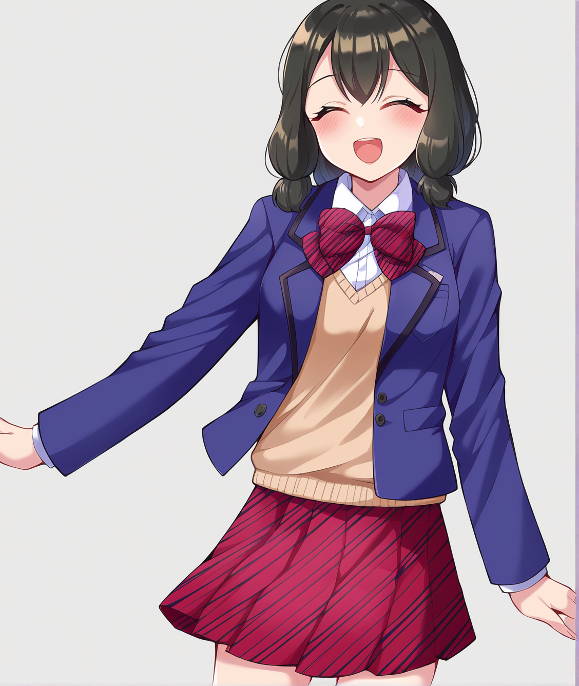 score_9, score_8, score_7, score_6, score_5, source_anime, source_explicit,
BREAK
Kaede Otori, 1girl, ^ ^, closed eyes, solo, blush, smile, open mouth, simple background, white background, cowboy shot, black hair, medium hair,
 skirt,  shirt, bow, school uniform, jacket, white shirt,  striped, collared shirt, bowtie,  red bow, sweater, red skirt, plaid skirt, blazer, blue jacket, striped bow, striped bowtie
v, 
<lora:KaedeOtori-10:1>,  <lora:merrytail_pony_v1:0.2>