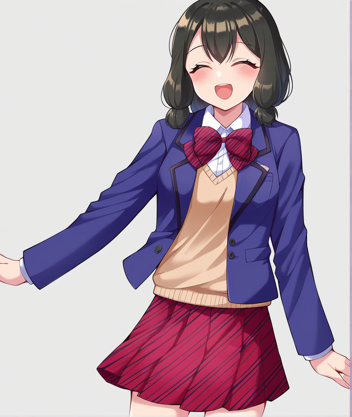 score_9, score_8, score_7, score_6, score_5, source_anime, source_explicit,
BREAK
Kaede Otori, 1girl, ^ ^, closed eyes, solo, blush, smile, open mouth, simple background, white background, cowboy shot, black hair, medium hair,
skirt, shirt, bow, school uniform, jacket, white shirt, striped, collared shirt, bowtie, red bow, sweater, red skirt, plaid skirt, blazer, blue jacket, striped bow, striped bowtie
v,
<lora:KaedeOtori-10:1>, <lora:merrytail_pony_v1:0.2>