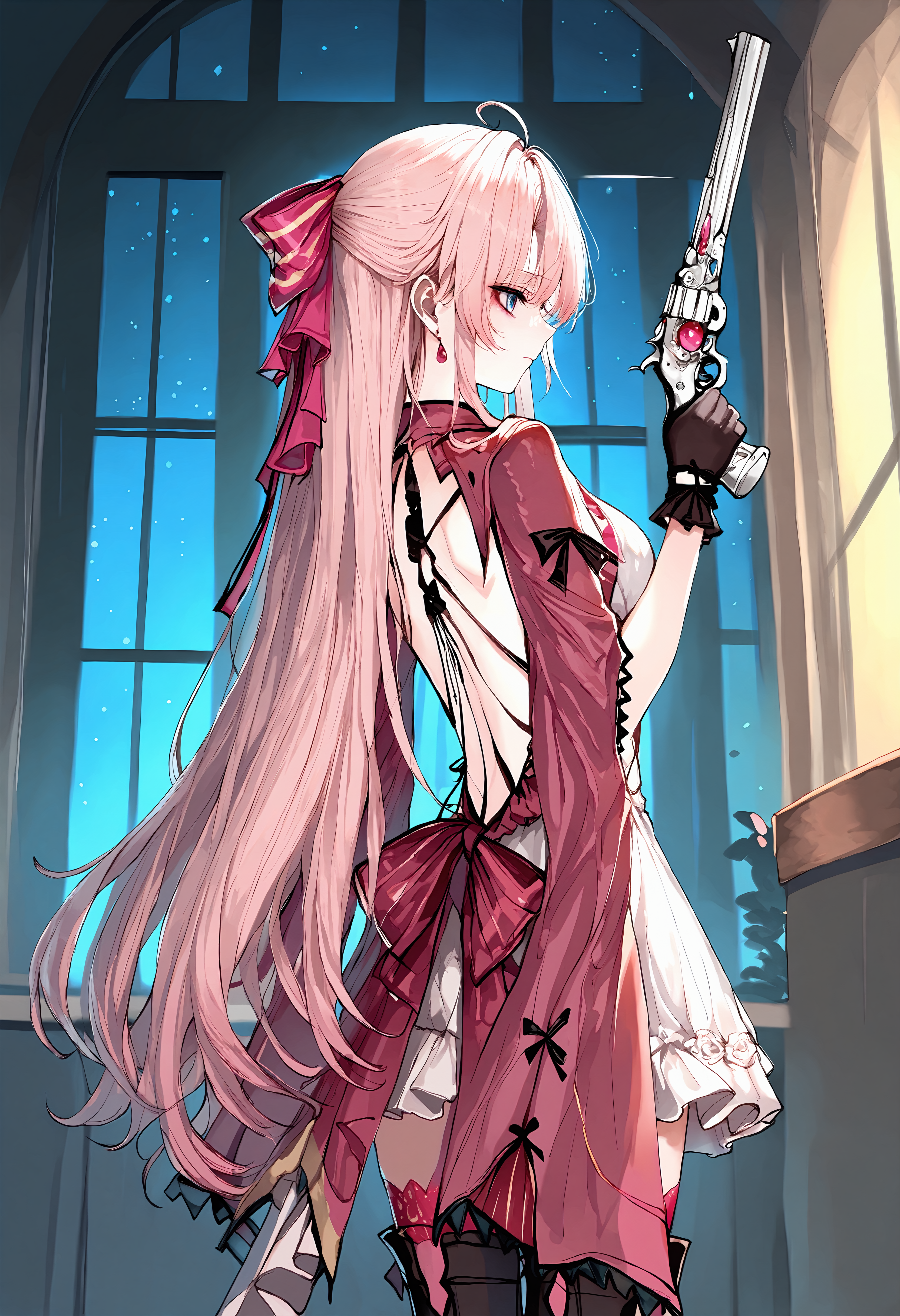 (masterpiece,best quality), hito komoru, (sheya:0.8), icomochi, momoko \(momopoco\), 1girl, carlotta, pink hair bow, black gloves, pink thighhighs, thigh boots, holding pistol, arm raise, from behind, closed mouth, moonlight, night, window, backlighting, <lora:carlotta-wwIL-v1a-000007:0.9>