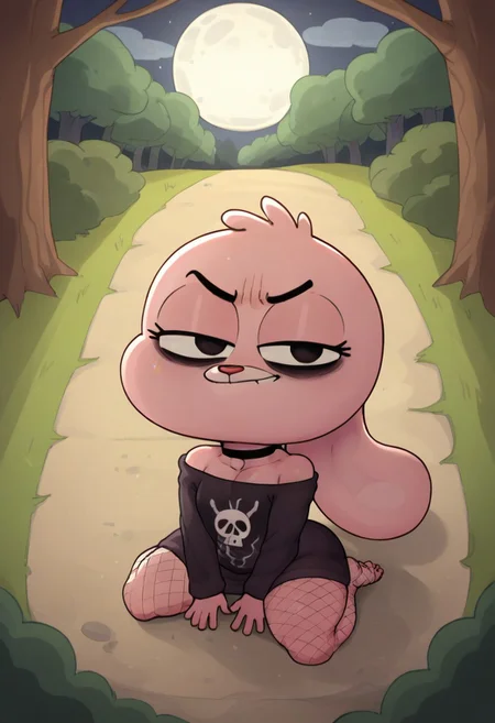 score_9, score_8_up, score_7_up, SFW, 1girl, solo, smug expression, curvy, wide thighs,long torso, wide hips, slim waist, tall woman, source_cartoon, cute, smug expression, black mascara, furry, rabbit, Anais_TawoG, black eyes, light pink skin, black eyebrows, red nose, white rabitt tail, big eyes, short stature
 Dop Style, detailed collarbone, black choker, choker, extremely detailed shoulders, dynamic pose, posing for viewer, goth knit sweater, intricate black gothic sweater, shoulders visible, skull logo on sweater, skull print sweater, knit sweater,thick black fishnet stockings, thick fishnet stockings, looking at viewer, bare feet, kneeling, kneeling in floor, on floor, kneeling,
Break,scary woods, dramatic moon lighting, outside, night, dark woods, outdoors, moon light,(detailed:1.22), shading, trees, redwood trees, dirt floor, grassy floor, gothic atmosphere, nature, dramatic shading, (creepy forest theme:1.1), (highly detailed background:1.3),