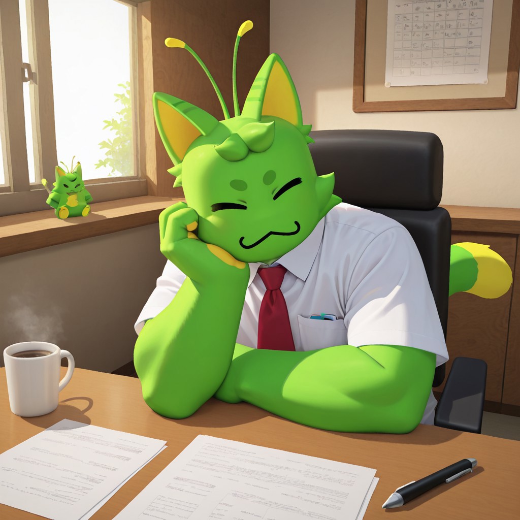 Oldgnarpy, 2d, urry, male, furry male, antennae, animal ears, cat ears, yellow inner-ears, Green fur, fur tufts, feline, cat, tail, dipstick tail, eyes closed, yellow pawpads, noseless, 
BREAK white collar shirt, buttoned shirt, red tie, office, sitting on office chair, holding head with hand, coffee, table, facing viewer, window, indoors, morning, pen on table, papers on table
BREAK best quality, amazing quality, very aesthetic, absurdres, newest, masterpiece