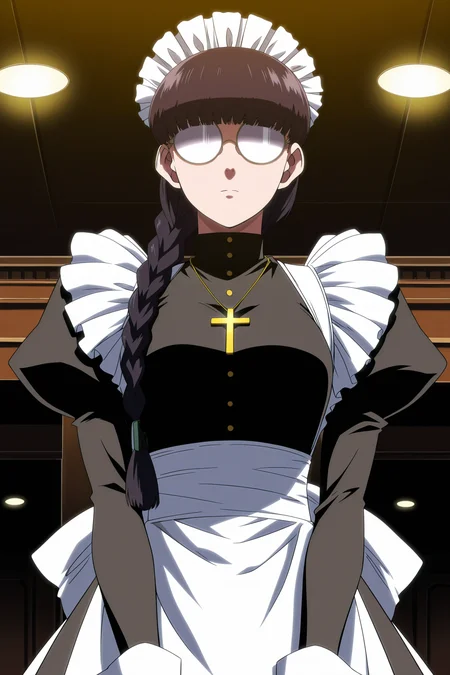 anime screencap, anime coloring, detailed face, masterpiece, best quality, very aesthetic, absurdres, volumetric lighting, official style, amazing quality, ultra detailed, highres, amazing quality, scenery, beautiful detailed hair, beautiful detailed eyes, defined fingers, five fingers,
<lora:StS-Illustrious-Detail-Slider-v1.0:4>
<lora:Roberta_Black_Lagoon:1>
Roberta maid outfit, Roberta (character), 1girl, opaque glasses, cross necklace, glasses, maid, solo, cross, apron, maid headdress, braid, necklace, jewelry, gloves, maid apron, long hair