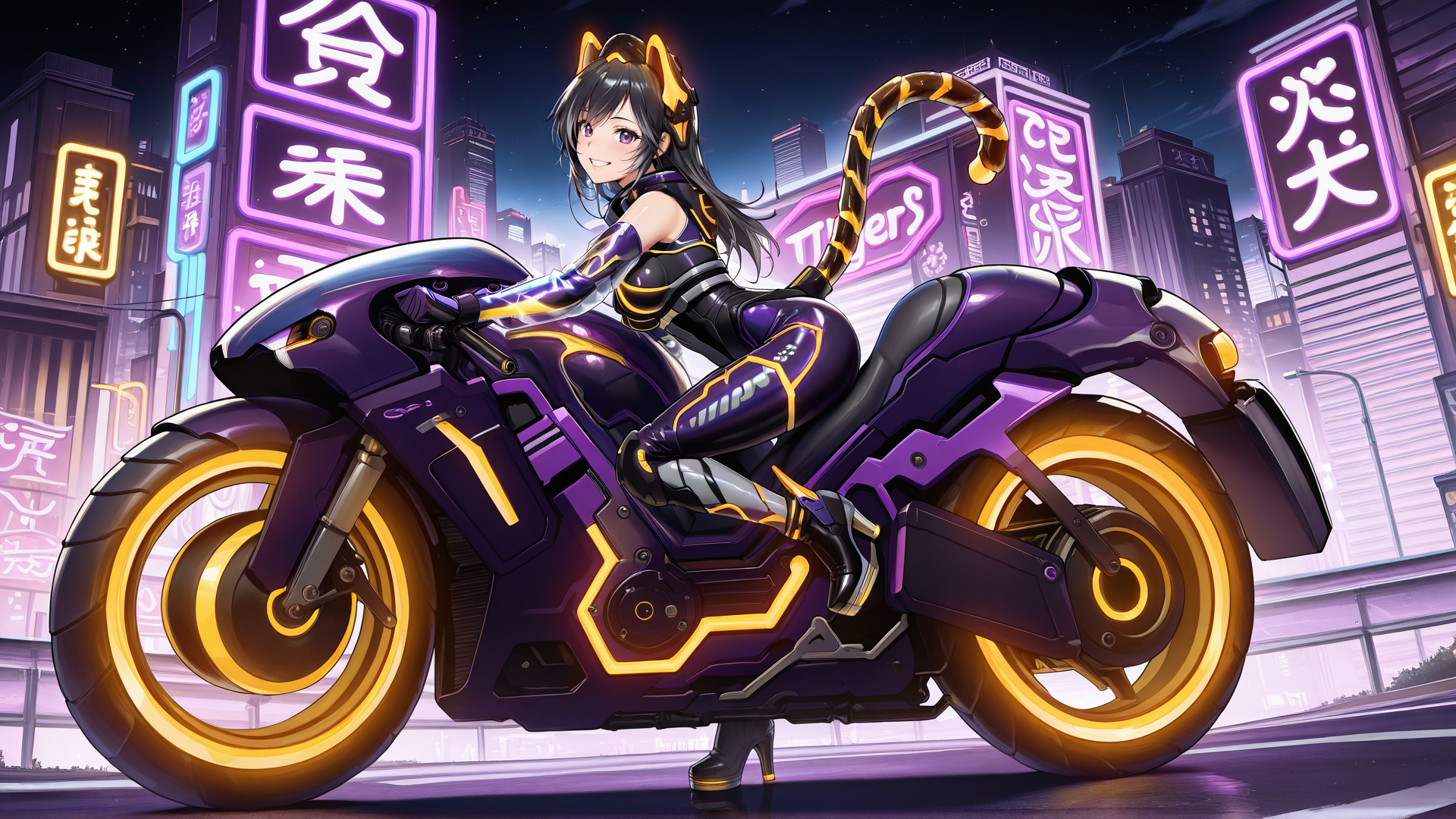 (high quality:1.1), detailed face, i:p_masquerena, alternate_outfit, 1girl, solo, long hair, looking at viewer, smile, black hair, gloves, animal ears, medium breasts, purple eyes, mechanical tail, full body, grey hair, grin, multicolored bodysuit, night, ground vehicle, skin tight, shiny clothes, city, purple bodysuit, tiger ears, tiger tail, purple motorcycle, city lights, year of the tiger, neon lights, on motorcycle, highway, neon trim, purple elbow gloves, two-tone headgear, black high heels, knee pads, tiger headgear, see-through sleeves <lora:ip_masquerena_final-10:1>