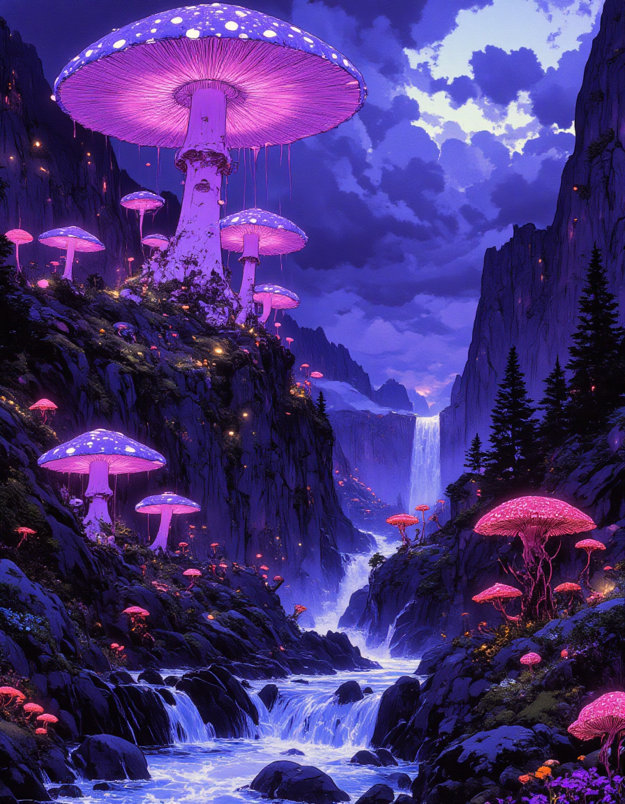 A surreal, otherworldly fantasy landscape featuring gigantic glowing mushrooms with luminous purple caps towering over misty mountains. The sky is dark and filled with swirling, mystical clouds illuminated by an eerie bluish glow, creating an ethereal, dreamlike atmosphere. A winding, crystal-clear river with cascading waterfalls flows through a lush, shadowy forest, reflecting the purple and blue hues from the sky. The terrain is rocky with scattered moss and small fungi, adding intricate details. The scene has a magical, bioluminescent vibe with an alien-like ambiance, emphasizing vibrant neon purples, blues, and subtle highlights. Highly detailed, atmospheric lighting, and cinematic fantasy style