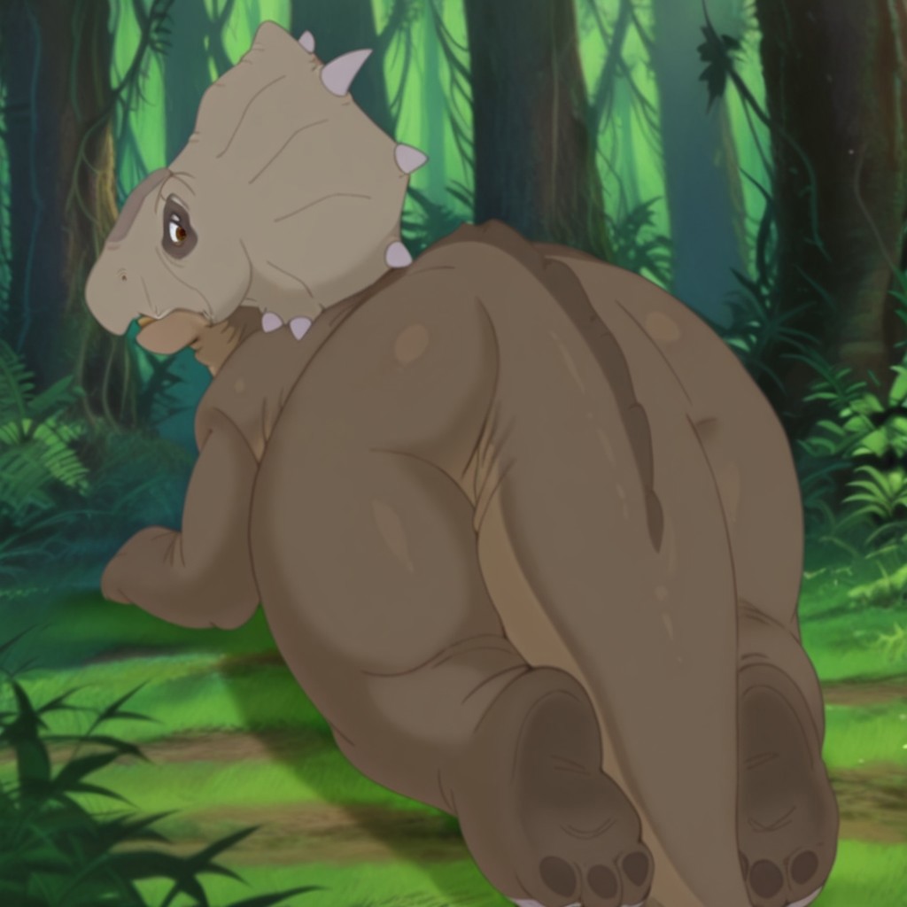 masterpiece, best quality, amazing quality, thicknoselbtil, feral, male, Pachyrhinosaurus, brown skin, brown eyes, crest with spikes, tail, lying, on stomach, from behind, forest,