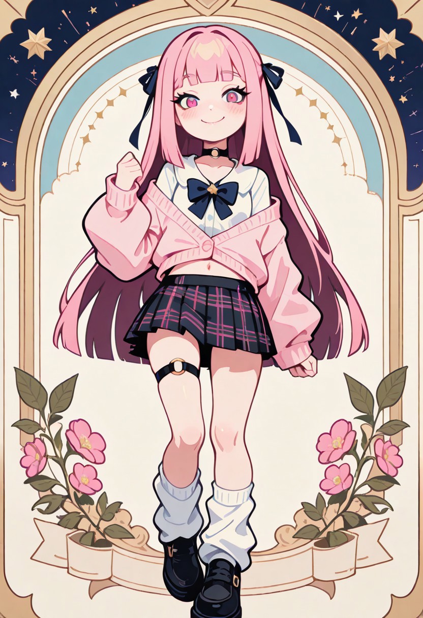 1 girl , solo , blushing , closed mouth , bratty smile , eyelashes , cute , long straight hair , blunt bangs , winking , star , ribbon , hair ribbon , 
slim , slender , navel , 
thigh strap, choker, o-ring choker, pink cardigan, bowtie, white shirt, shirt open, tucked in, plaid skirt, pleated skirt, bare shoulder, white socks, loose socks, black footwear, 
masterpiece, best quality ,amazing quality ,S4bit4mago_illu , Protoneon  ,s0wasow4rt_illu, t1m3r