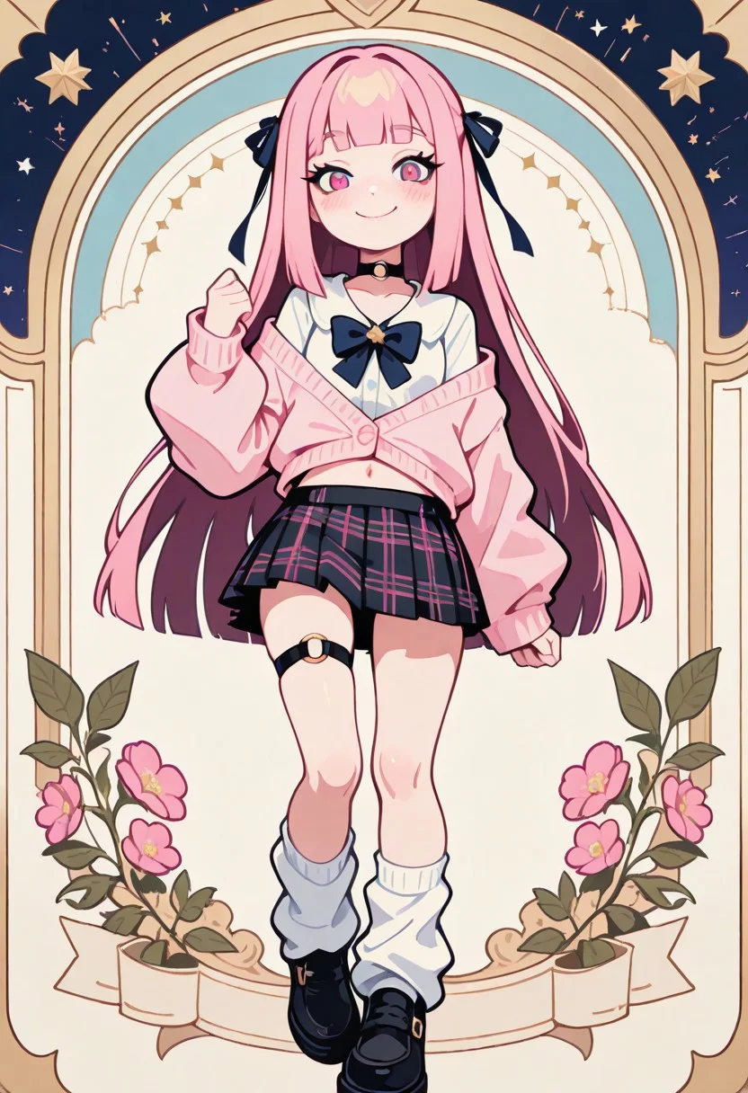 1 girl , solo , blushing , closed mouth , bratty smile , eyelashes , cute , long straight hair , blunt bangs , winking , star , ribbon , hair ribbon ,
slim , slender , navel ,
thigh strap, choker, o-ring choker, pink cardigan, bowtie, white shirt, shirt open, tucked in, plaid skirt, pleated skirt, bare shoulder, white socks, loose socks, black footwear,
masterpiece, best quality ,amazing quality ,S4bit4mago_illu , Protoneon ,s0wasow4rt_illu, t1m3r