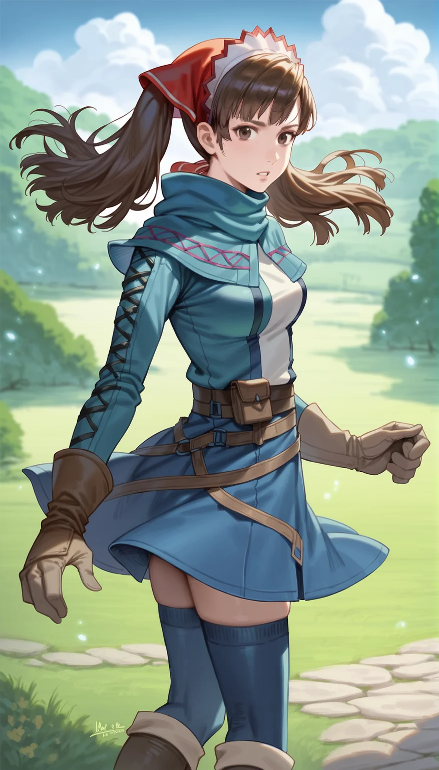 score_9,score_8_up,score_7_up,
realistic,highly detailed,
<lora:aliciamelchiott:0.9>,aliciamelchiott,1girl,solo,
brown hair,twintails,bouncing hair,brown eyes,looking at viewer,parted lips,headdress,squad leader outfit,squad leader dress with white in the middle,blue high-collar,brown gloves,brown gloves,blue thighhighs,cowboy shot,
outdoors,countryside,wind,particle effectsvignetting,blurry background,