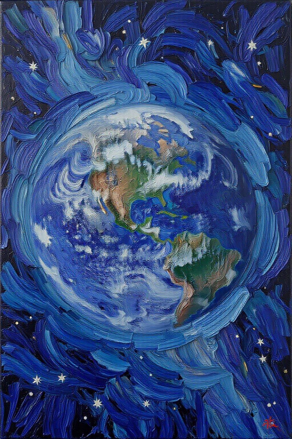 impasto oil painting. View of planet Earth. The vibrant blues of the oceans swirl with dynamic brushstrokes, contrasted by the soft greens and earthy browns of the continents. Delicate white clouds, painted in wispy, flowing strokes, wrap around the globe, creating a sense of movement and life. The curvature of the planet is highlighted with subtle gradients of light and shadow, giving it depth and dimension. The backdrop is a vast expanse of deep black, dotted with tiny stars that sparkle like gems, painted with delicate dabs of white and gold. The oil paint texture enhances the richness of the colors and the softness of the clouds, creating a harmonious blend of detail and artistry. The overall composition captures Earth's beauty and fragility, evoking awe and wonder.     <lora:Flux-Sch-SingleBlocks-BF16:1.0> <lora:impasto6_cap_d6a3e11:1.0><lora:804334284040074114:0>