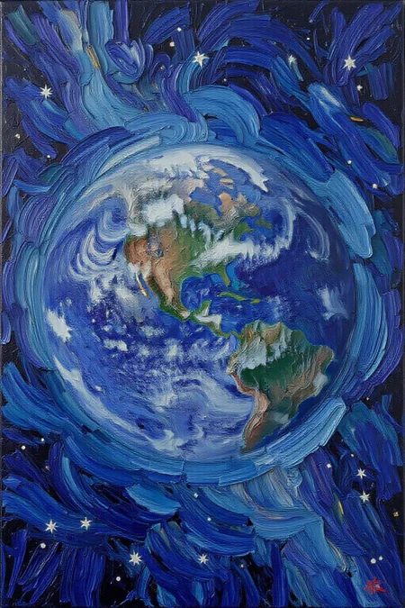 impasto oil painting. View of planet Earth. The vibrant blues of the oceans swirl with dynamic brushstrokes, contrasted by the soft greens and earthy browns of the continents. Delicate white clouds, painted in wispy, flowing strokes, wrap around the globe, creating a sense of movement and life. The curvature of the planet is highlighted with subtle gradients of light and shadow, giving it depth and dimension. The backdrop is a vast expanse of deep black, dotted with tiny stars that sparkle like gems, painted with delicate dabs of white and gold. The oil paint texture enhances the richness of the colors and the softness of the clouds, creating a harmonious blend of detail and artistry. The overall composition captures Earth's beauty and fragility, evoking awe and wonder. <lora:Flux-Sch-SingleBlocks-BF16:1.0> <lora:impasto6_cap_d6a3e11:1.0><lora:804334284040074114:0>