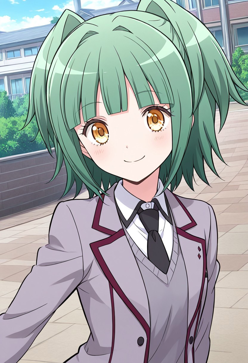<lora:kaede_kayano_ill_v1.0:1> kaede_kayano, green hair, solo, school uniform, necktie, short hair, yellow eyes, 1girl