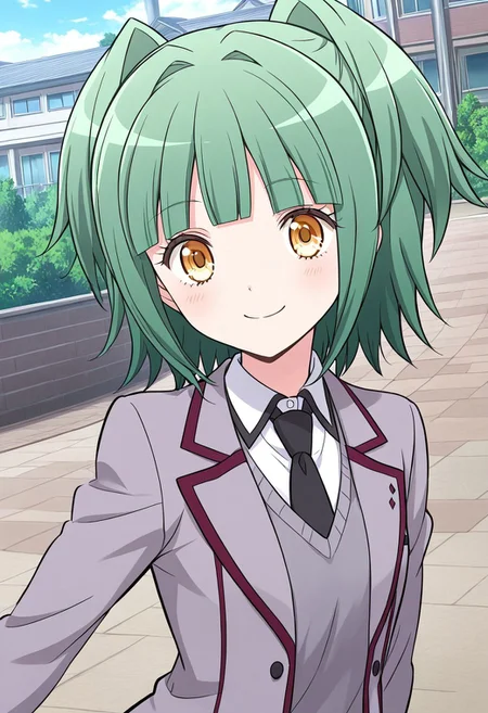 <lora:kaede_kayano_ill_v1.0:1> kaede_kayano, green hair, solo, school uniform, necktie, short hair, yellow eyes, 1girl