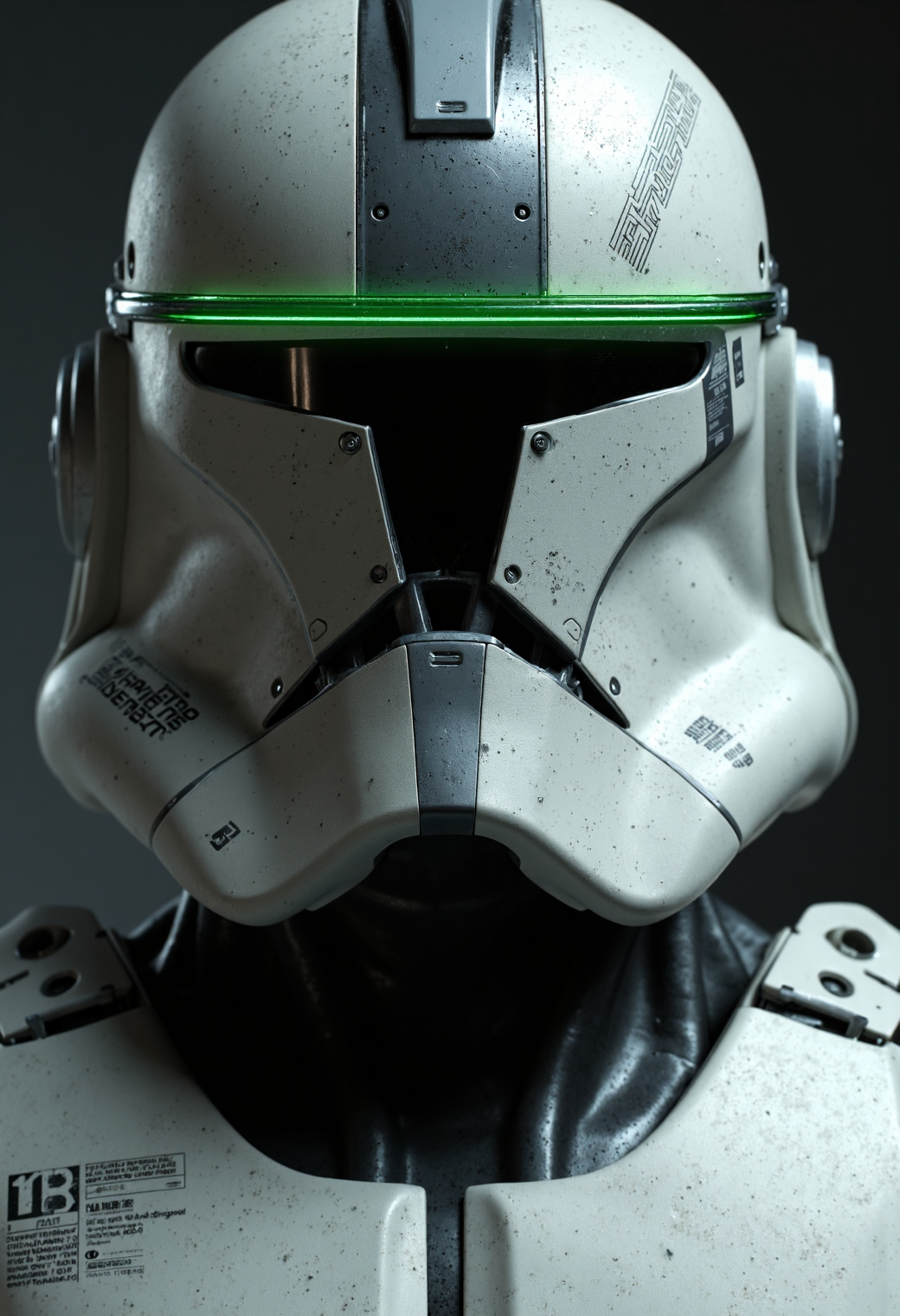 SCI_FACTOR_CORE clone trooper, extreme close up, microphotography, detailed helmet, gunmetal grey patterns, white, green vertical line over visor [strong lighting, cinematic masterpiece, highly detailed armour, realistic armour, legendary, hyperrealism]