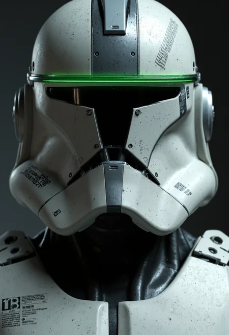 SCI_FACTOR_CORE clone trooper, extreme close up, microphotography, detailed helmet, gunmetal grey patterns, white, green vertical line over visor [strong lighting, cinematic masterpiece, highly detailed armour, realistic armour, legendary, hyperrealism]