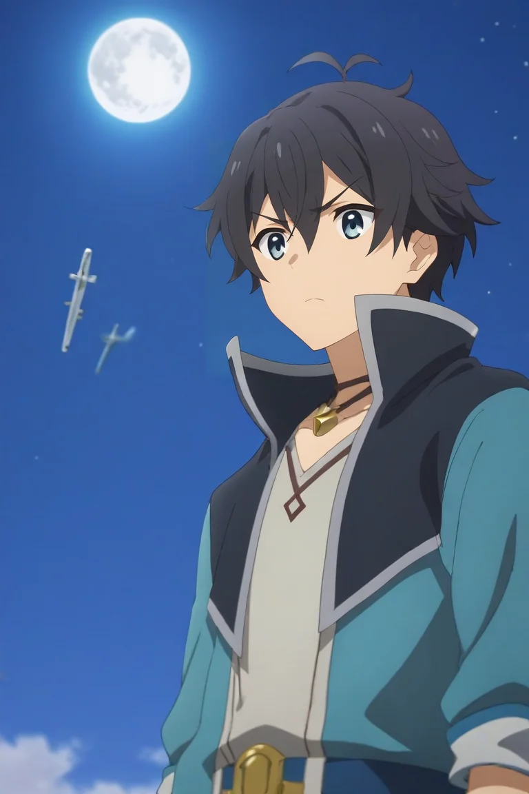 score_9, score_8_up, score_7_up, source_anime, rating_safe, , anime screencap, anime coloring, , , depth of field, 1boy, solo, male focus, <lora:yuuki_princess_connect_pony:0.9>, yuuki_princess_connect, black hair, blue eyes, short hair, hair between eyes, bangs, antenna hair, ahoge, from below, plane, night, full moon, (pose), angry, , <lora:sdxl_lightning_8step_lora:1>