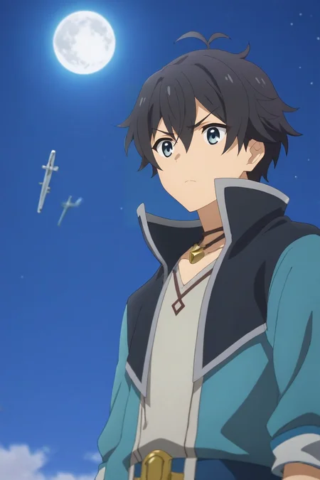 score_9, score_8_up, score_7_up, source_anime, rating_safe, , anime screencap, anime coloring, , , depth of field, 1boy, solo, male focus, <lora:yuuki_princess_connect_pony:0.9>, yuuki_princess_connect, black hair, blue eyes, short hair, hair between eyes, bangs, antenna hair, ahoge, from below, plane, night, full moon, (pose), angry, , <lora:sdxl_lightning_8step_lora:1>