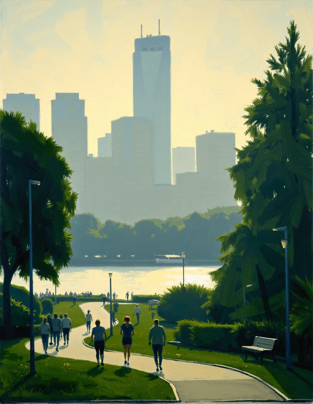 <lora:BenAronsonStyle:1>Ben Aronson Style, A serene riverside park during the early hours of morning, enveloped in a gentle mist that softens the outlines of distant skyscrapers. Joggers pass by on winding pathways, their figures partially obscured by the fog, as the first light of dawn begins to pierce through, illuminating dew-kissed foliage.