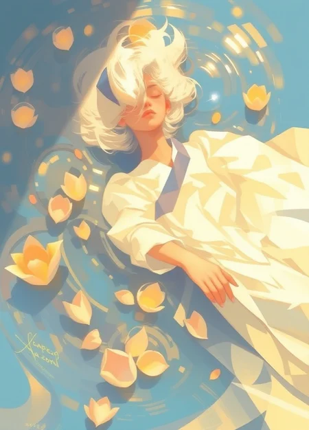 A digital painting by artist Yi-Chun Lin depicts a serene, white-haired woman reclining in an ethereal pool of water, surrounded by scattered lotus flowers. The woman's dress is white and flowing, blending into the rippling water, creating a dreamlike vision of tranquility. With closed eyes, she seems to be at peace, basking in the soft, warm sunlight. The scene exudes a surreal, almost abstract quality, emphasizing calmness and beauty. The water's blue tones contrast softly with the purity of the woman's complexion and attire. The overall composition is minimalist and highly evocative.
best quality, aethestic, best composition, masterpiece arwork, very aesthetic, absurdres, very Wide Shot, limited palette,