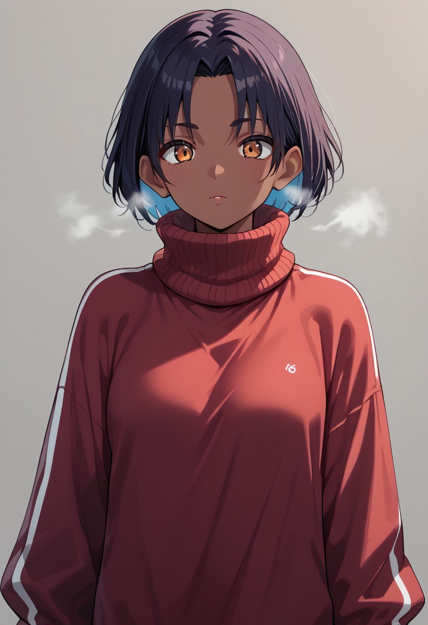 yoruhachi, thick line art, simplified style, stylized, solo, score_7_up, score_6_up, BREAK, source_anime, dark skin female, black, oversized turtleneck, visible breath, shiny clothing, shiny hair