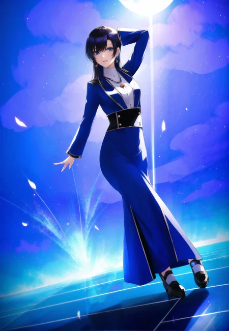 axsens, monster girl, incredibly absurdres, best quality, 8k wallpaper, highly intricate details, particle lighting, scenery, visual effects, looking at viewer, female character, 1girl, (frown), breasts, _breasts_sizes_ranges, color316 hair, bangs, Hairstyles, eyes, wearing outfit with jewelry_and_accessories and neckwear, (angle, basic_poses