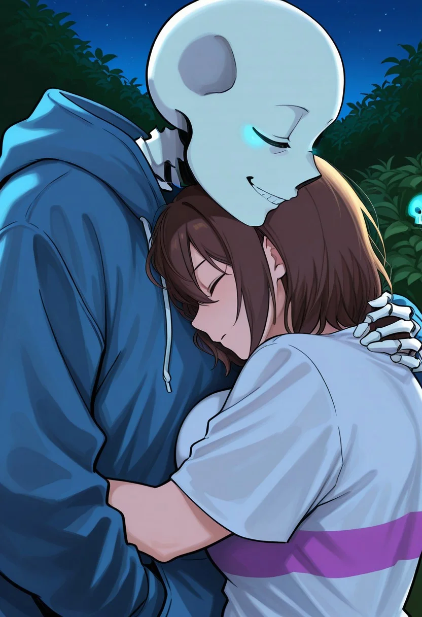 score_9, score_8_up, score_7_up, score_6_up, aoj_sr, 2d, source_cartoon,
night,garden,closer look, close view, duo,
(1male,s4ns,skeleton,one blue glowing eyes,skull,skeleton arms,skeleton body,oversized,white t-shirt),
holding, face to face, sideview, hugs, head on chest,
(1woman,frisk,woman,closed eyes,brown hair,blue hoodies,big breasts,short hair),