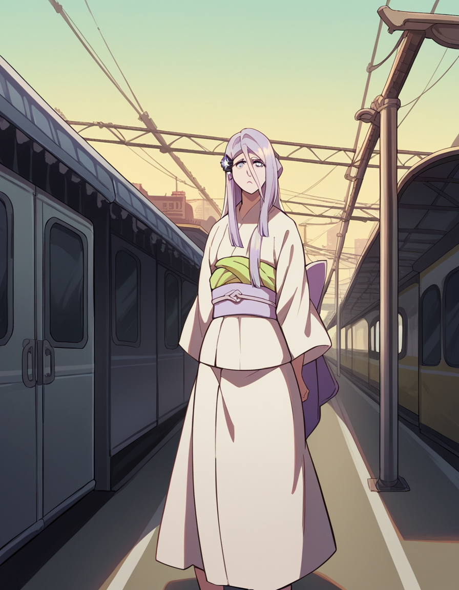 score_9, score_8_up, score_7_up, source_anime, <lora:sode-no-shirayuki-anime-ponyxl-lora-nochekaiser:1>, sode no shirayuki, long hair, blue eyes, hair ornament, purple hair, flower, hair flower, light purple hair,, japanese clothes, kimono, sash, obi,, train station, waiting for train, suitcase, traveling, commute, city skyline, hands behind back,, , , knee bent, hand on neck, foot pointed, solo,, cowboy shot, dutch angle