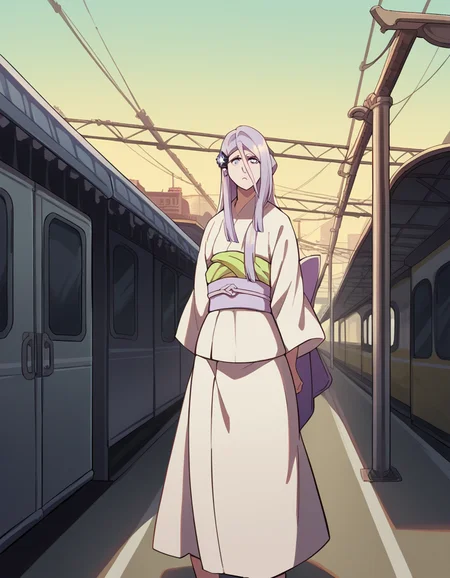 score_9, score_8_up, score_7_up, source_anime, <lora:sode-no-shirayuki-anime-ponyxl-lora-nochekaiser:1>, sode no shirayuki, long hair, blue eyes, hair ornament, purple hair, flower, hair flower, light purple hair,, japanese clothes, kimono, sash, obi,, train station, waiting for train, suitcase, traveling, commute, city skyline, hands behind back,, , , knee bent, hand on neck, foot pointed, solo,, cowboy shot, dutch angle