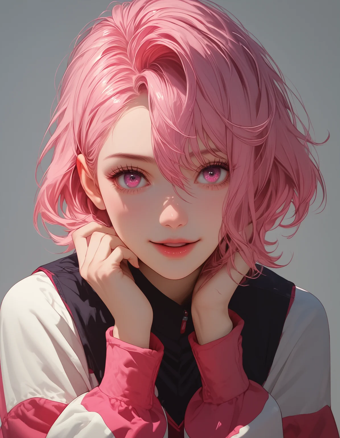 zPDXLxxx, Expressiveh,
shiratori aira, pink hair, short hair, pink eyes, solo, open mouth, 1girl, hair between eyes, looking at viewer, long sleeves, jacket, school uniform,
small breasts, natural sagging breasts,
score_9, score_8_up, score_7_up,score_6_up,
highres, high quality, perfection, masterpiece, detailed, source_anime, simple white background, 1girl, solo, front view portrait, face focus, intricate features, beautiful girl, young adult, youthful, petite body, detailed face, beautiful face, innocent face, eyelashes, perfect eyes, detailed eyes, medium breasts, clothed, standing, smiling, looking at viewer,