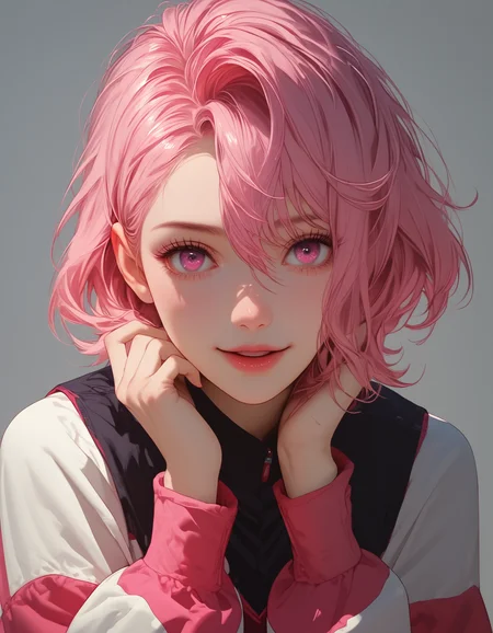 zPDXLxxx, Expressiveh,
shiratori aira, pink hair, short hair, pink eyes, solo, open mouth, 1girl, hair between eyes, looking at viewer, long sleeves, jacket, school uniform,
small breasts, natural sagging breasts,
score_9, score_8_up, score_7_up,score_6_up,
highres, high quality, perfection, masterpiece, detailed, source_anime, simple white background, 1girl, solo, front view portrait, face focus, intricate features, beautiful girl, young adult, youthful, petite body, detailed face, beautiful face, innocent face, eyelashes, perfect eyes, detailed eyes, medium breasts, clothed, standing, smiling, looking at viewer,