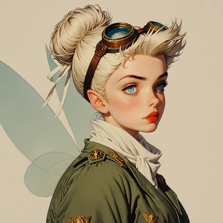 score_9, score_8_up, score_7_up, score_6_up, ArsMJStyle, Colored pencil hyperdetailed realism, 1girl, sideview, Tinkerbell, 1girl, solo, fairy, glowing, blonde hair, single hair bun, pointy ears, makeup, fairy wings, medium breasts, big round eyes, big blue eyes, The image is a portrait of a fairy woman wearing futuristic-looking goggles. The goggles are green and have a pair of ribbons attached to them. The woman is wearing a green jacket with a white fur collar and a silver scarf tied around her neck. She has a flying skull emblem on her chest. She is also wearing red lipstick and has her hair styled in a bob. The background is a light beige color. The overall style of the image is reminiscent of a vintage or retro aviator or pilot's uniform, close up <lora:dark:0.15> <lora:PerfectEyesXL:0.7> <lora:xl_more_art-full_v1:0.3> <lora:Tinkerbell_Peter_Pan_1953:1> <lora:HyperdetailedColoredPencilV2:1>
