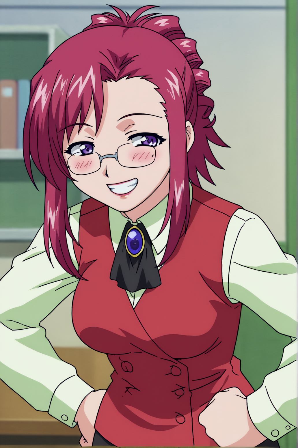 score_9, score_8_up, score_7_up,anime_source, source_anime, best background, detailed background, anime screencap,  Kazami Mizuho, Main Outfit, glasses, solo, indoors, bent over, hands on hips, blush, naughty face, grin,  <lora:JN_Kazami_Mizuho:0.8>