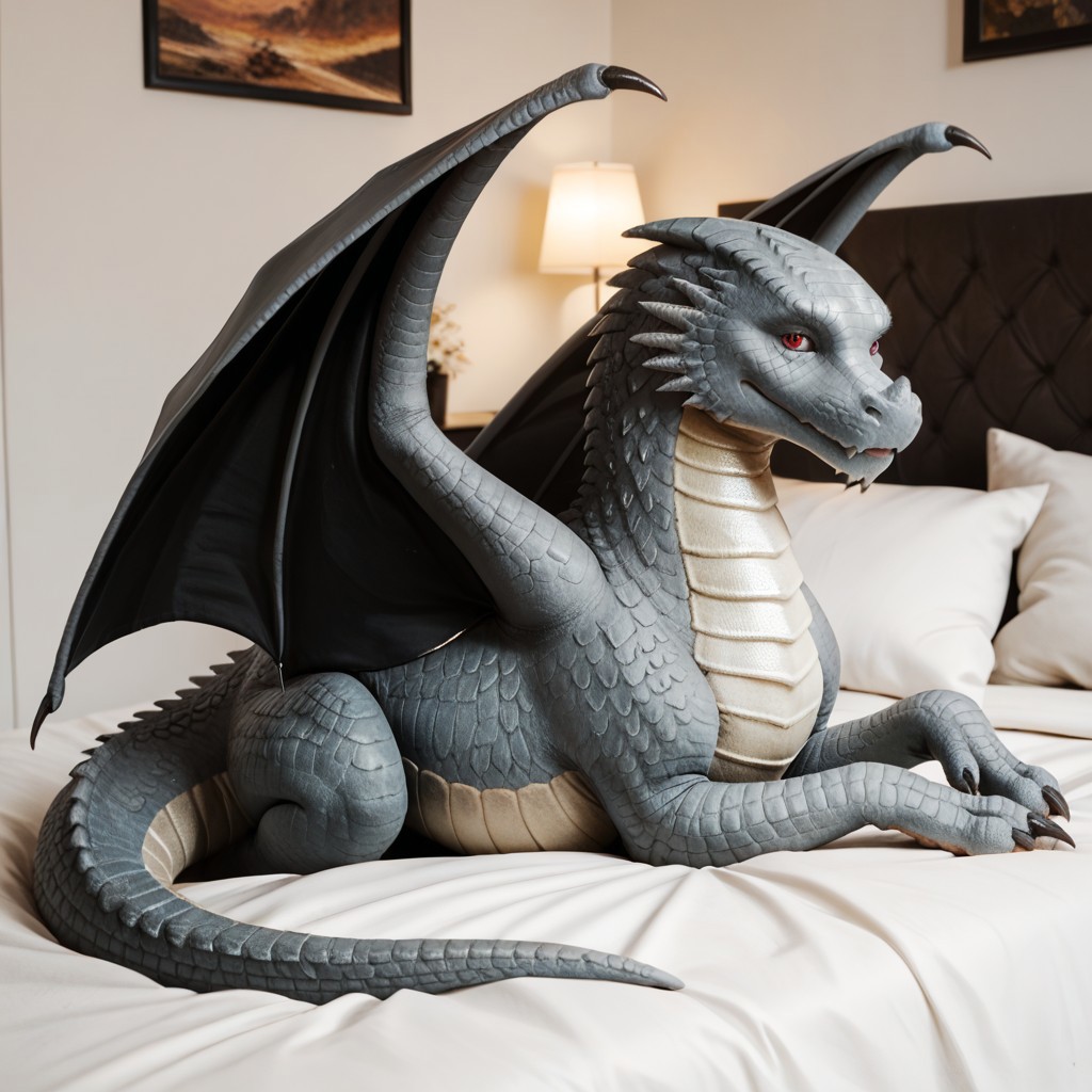 score_9, score_8_up, score_7_up, score_6_up, score_5_up, score_4_up, masterpiece, high quality, realistic, detailed, best quality, white bed, solo, rating_safe, source_furry, bedroom, smiling, seductive, ((looking at viewer)), lying on belly, detailed eyes, feral, maverick_awsw, dragon, gray scales, tail, scales, claw, wings, red eyes, 1boy, male, (close up, full body)