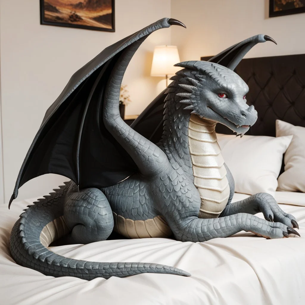 score_9, score_8_up, score_7_up, score_6_up, score_5_up, score_4_up, masterpiece, high quality, realistic, detailed, best quality, white bed, solo, rating_safe, source_furry, bedroom, smiling, seductive, ((looking at viewer)), lying on belly, detailed eyes, feral, maverick_awsw, dragon, gray scales, tail, scales, claw, wings, red eyes, 1boy, male, (close up, full body)