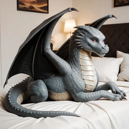 score_9, score_8_up, score_7_up, score_6_up, score_5_up, score_4_up, masterpiece, high quality, realistic, detailed, best quality, white bed, solo, rating_safe, source_furry, bedroom, smiling, seductive, ((looking at viewer)), lying on belly, detailed eyes, feral, maverick_awsw, dragon, gray scales, tail, scales, claw, wings, red eyes, 1boy, male, (close up, full body)