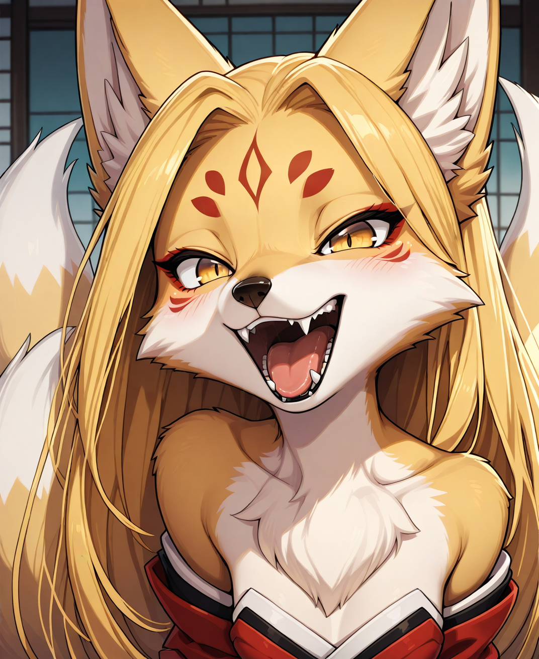 kitsune, laughter, open mouth, fangs, tongue, <lora:se_kitsune:0.9>
