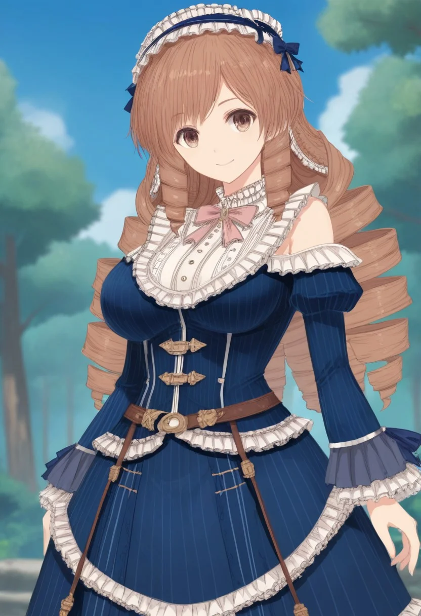 score_9, score_8_up, score_7_up, source_anime, anime screencap, uncensored, best quality, masterpiece, highly detailed, 1girl, solo, marie_granford, long hair, brown hair, drill hair, brown eyes, large breasts, hairband, blue dress, frilly dress, off-shoulder, smiling, standing, outdoors, day, forest, blue sky, dutch angle, cowboy shot,