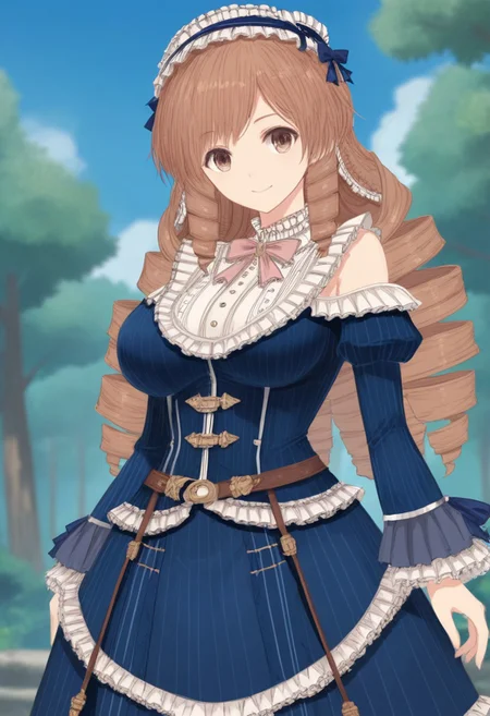 score_9, score_8_up, score_7_up, source_anime, anime screencap, uncensored, best quality, masterpiece, highly detailed, 1girl, solo, marie_granford, long hair, brown hair, drill hair, brown eyes, large breasts, hairband, blue dress, frilly dress, off-shoulder, smiling, standing, outdoors, day, forest, blue sky, dutch angle, cowboy shot,