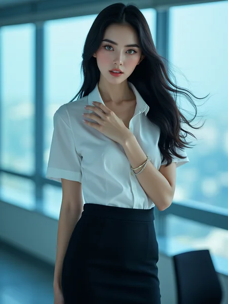 [2][24_94]Against a soft, true gradient blue background, a stunning real large breasts Japanese woman with long, flowing dark hair, her piercing gaze directly addressing the viewer. skirt, outdoors, shirt, tree, looking at viewer, blue skirt, white shirt, parted lips, sky, day, collared shirt, pleated skirt, short sleeves, building, blue sky, shirt tucked in